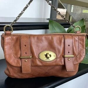 Fossil Brown Leather Brass Tone Chain Handle, leather Crossbody Strap Bag